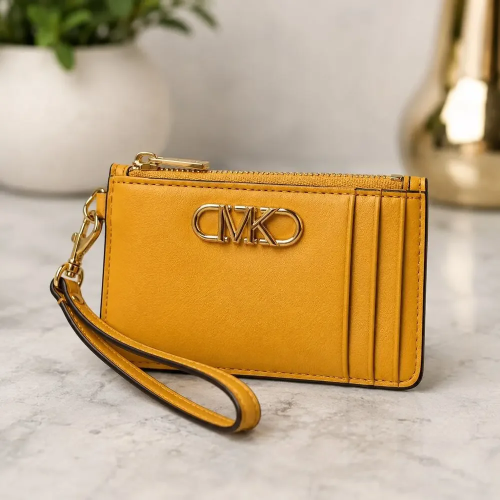 Michael Kors Parker Marigold Leather Zip Card Case Wristlet Wallet NWT
